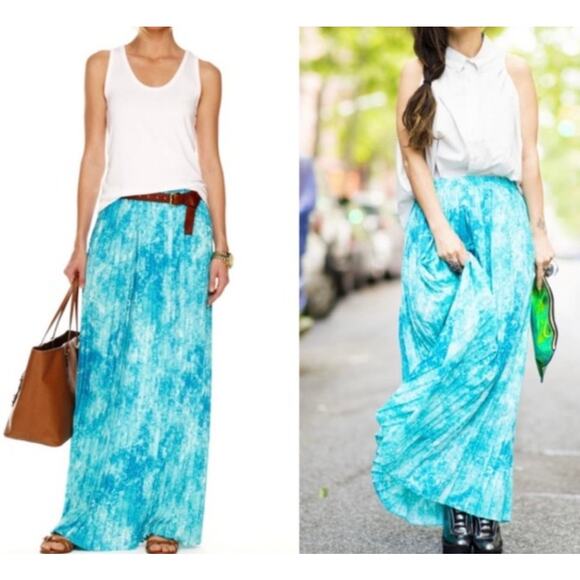 Michael Kors Turquoise Water Print Pleated Maxi Long Skirt Pull On Size L Flowy - Picture 2 of 12